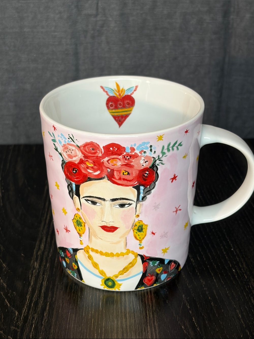 Pink Floral Portrait Ceramic Mug with Frida-Inspired Design